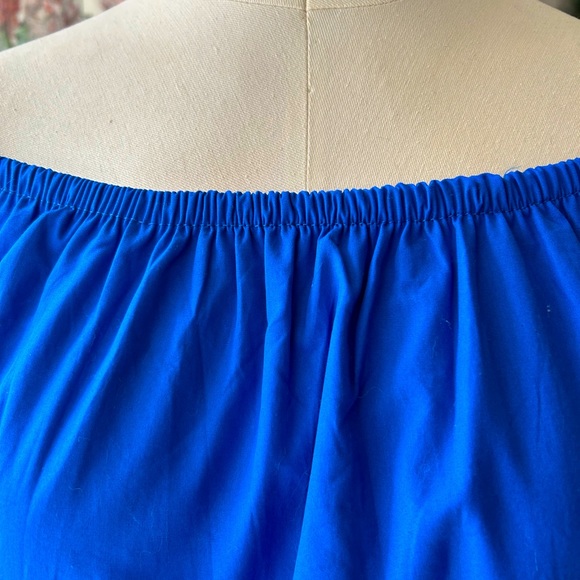 Scoop neck 100%cotton mini dress pullover solid blue ruched sleeves - Picture 2 of 12